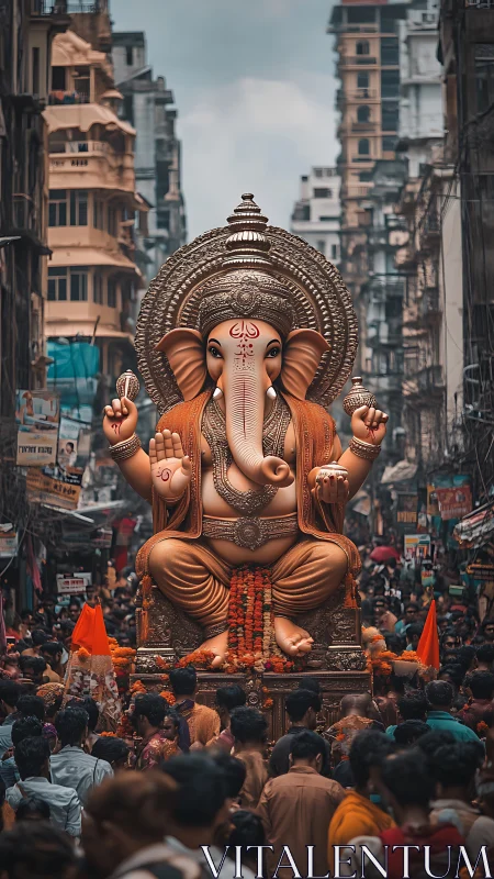 Photorealistic urban Ganesh procession with monumental statue.