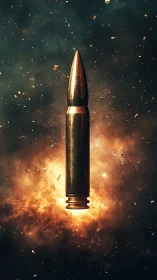 Bronze rifle bullet floats over explosive nebula glow