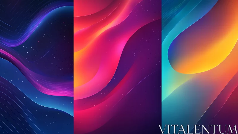 Tri-panel chromatic wavefields with gradient spectral layering.