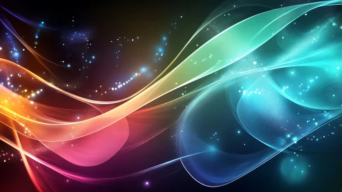 Colorful light streaks curve across dark digital background
