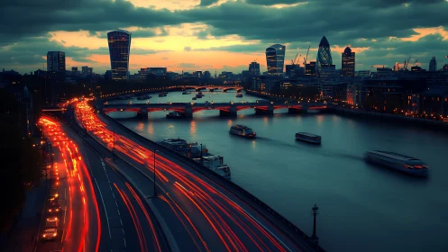 River city at dusk with light trails and skyline view.