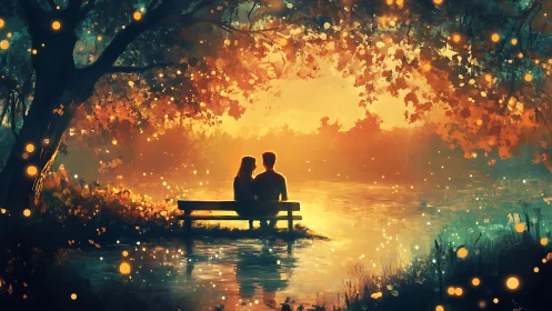 Two figures seated on bench facing water at sunset