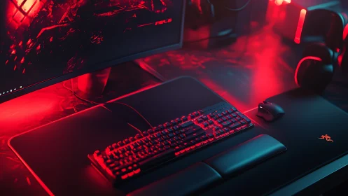 Late-night gaming desk glowing in bold red neon light.