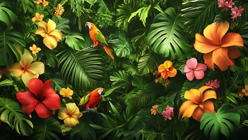 Colorful macaws rest in dense tropical foliage and flowers