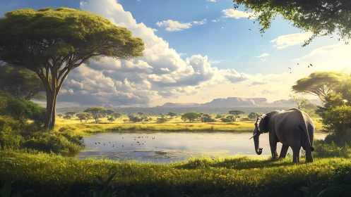 Sunlit savanna watering hole with grazing elephant in profile