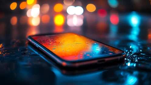 Smartphone on wet surface under neon bokeh reflections.