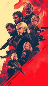 Armed tactical team montage in stylized red composition.