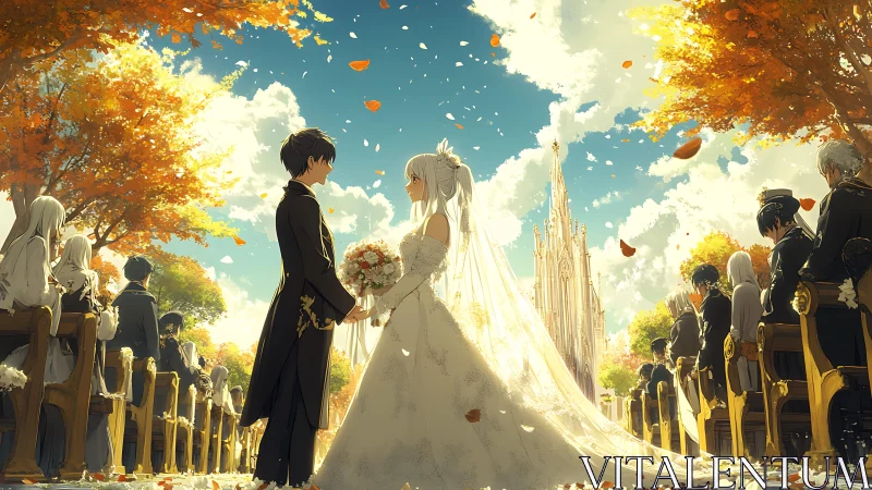 Sunlit autumn aisle where anime vows drift on golden air.