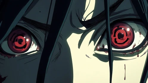 Intense crimson anime eyes locked in a fierce resolve.
