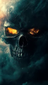 Fiery skull spirit emerges from swirling stormy darkness