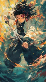 Fiery swordsman charges through swirling elemental flames.