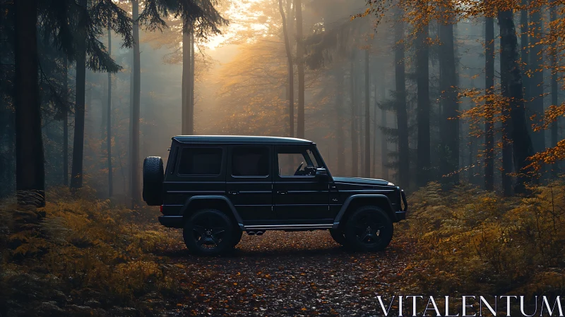 Midnight off‑roader paused in misty autumn forest hush.