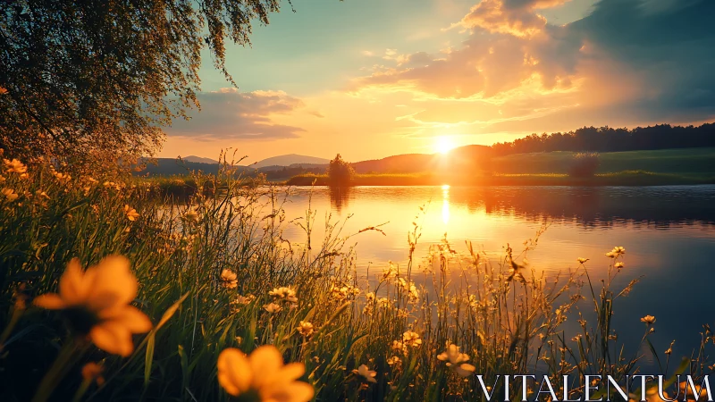 Photorealistic sunset lake with foreground wildflower framing.