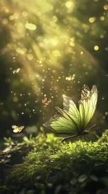 Large green butterfly rests on moss under glowing light rays