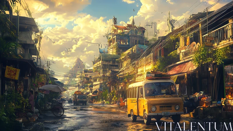 Digital painting of sunlit tropical street with layered markets.
