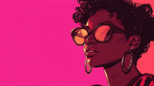 Neon sun queen in mirrored shades on hot pink horizon.