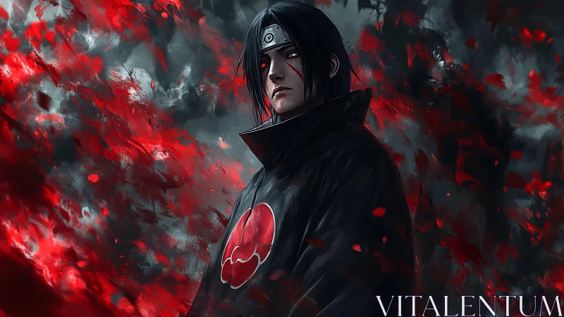 Brooding shinobi amid crimson storm of petals and shadow.