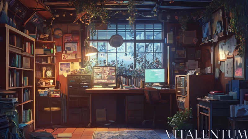 Cozy windowlit studio desk glowing with gentle evening tech.