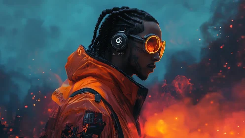 Neon-clad cyber hero walks through burning futuristic cityscape