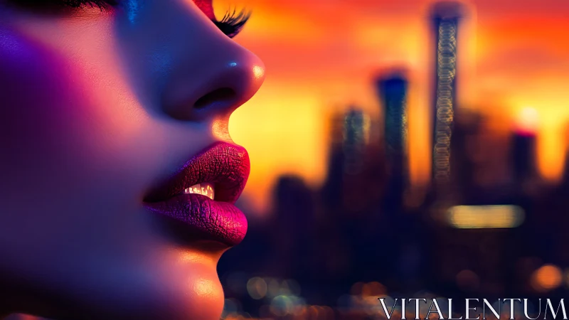 Neon lit female profile against blurred city skyline.
