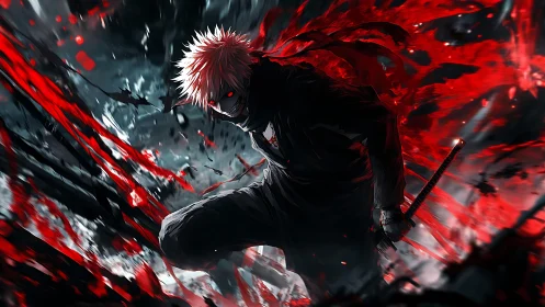 White haired swordsman crouches amid violent red energy
