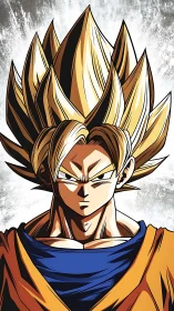 Golden haired anime warrior stands with intense forward stare