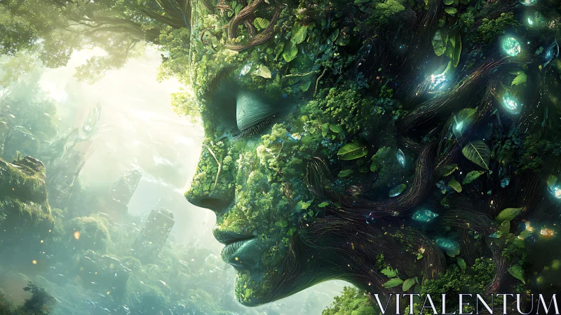 Nature spirit emerges as a colossal forested face of earth.