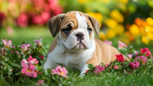 English bulldog puppy resting in vivid flower garden scene.
