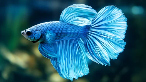 Blue betta fish close-up with flowing fins in aquarium.