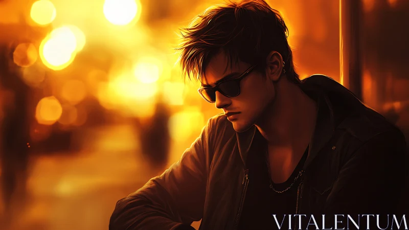 Male figure in jacket against defocused urban lights.