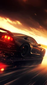 Sunset highway sprint with a sleek, blazing sports car.