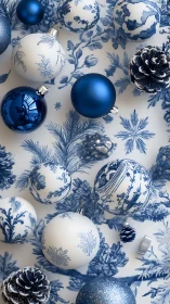 Blue and white Christmas ornaments on botanical patterned surface.