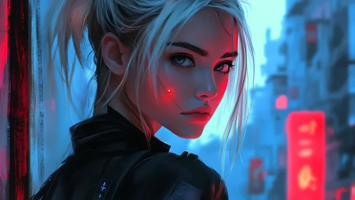 Cyberpunk woman turns in neon city with red facial light