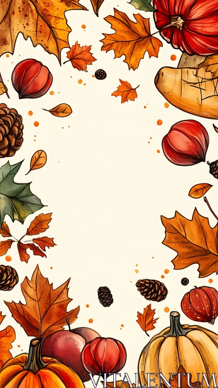 Autumn harvest border with pumpkins, leaves, and pinecones framing