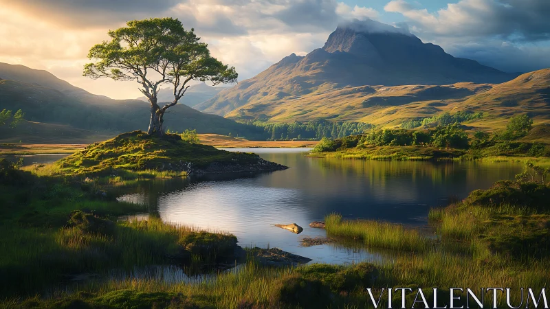 Solitary lakeside tree before distant sunlit mountain peak.