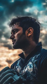 Cinematic athlete portrait under dramatic storm-lit sky.