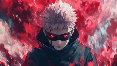 White haired anime figure with red eyes in abstract red field.