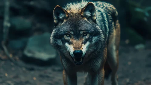 Lone wolf strides through shadowed forest in intense focus