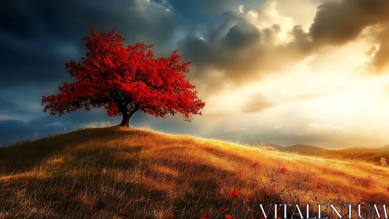 Solitary red tree crowns a golden hillside at sunset.