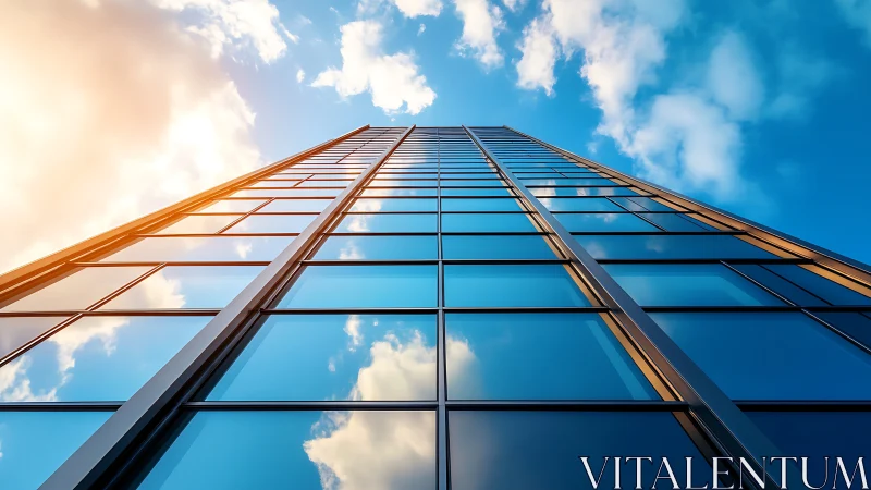 Glass curtain wall skyscraper ascends with mirrored sky gradients