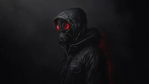 Hooded figure in gas mask glows with ominous red eyes.