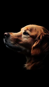 Profile portrait of golden retriever on black background.