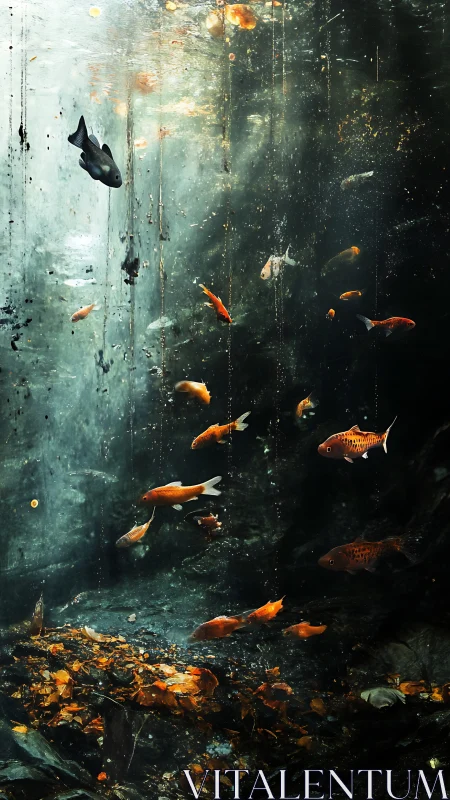 Koi fish suspended in deep water with leaf covered bottom.