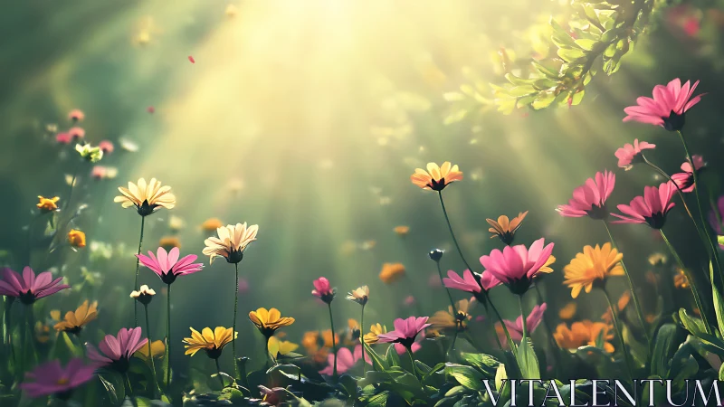 Sunlit Garden of Mixed Daisies and Wildflowers.