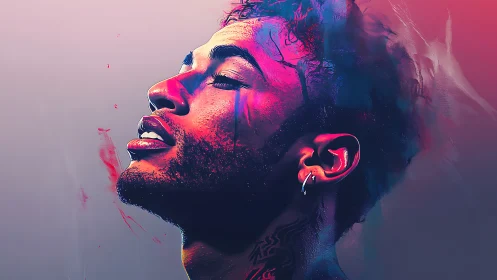 Side profile digital portrait in saturated neon color gradients.