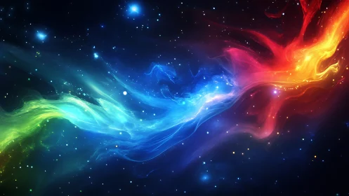 Multicolored nebula streams across deep star field space.
