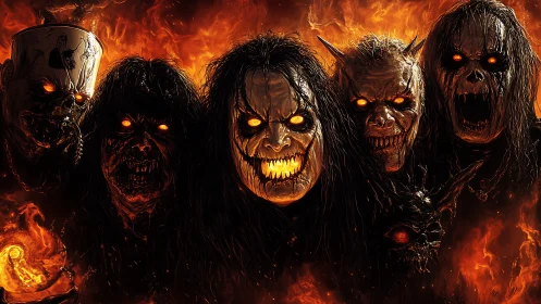 Demonic metal band portrait rendered in infernal digital flames