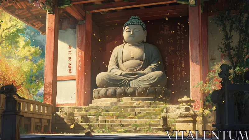 Gentle Buddha statue rests in golden light at a quiet temple