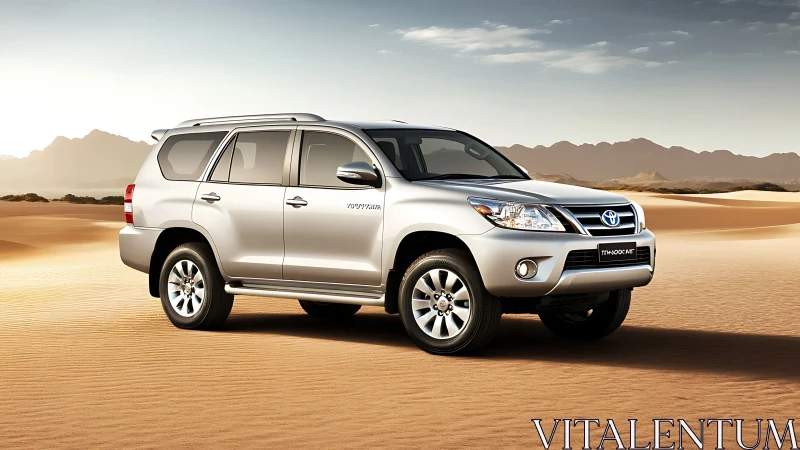 Silver desert cruiser pausing mid-dune in warm sunlight.