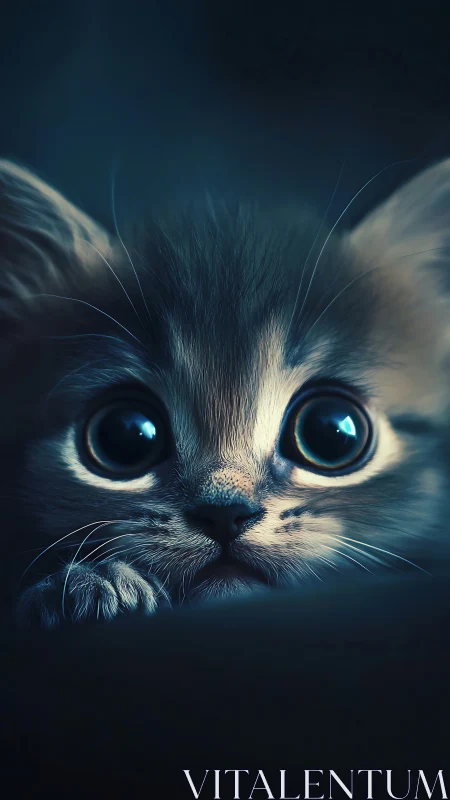 Wide-eyed kitten glows in dramatic low key blue light.